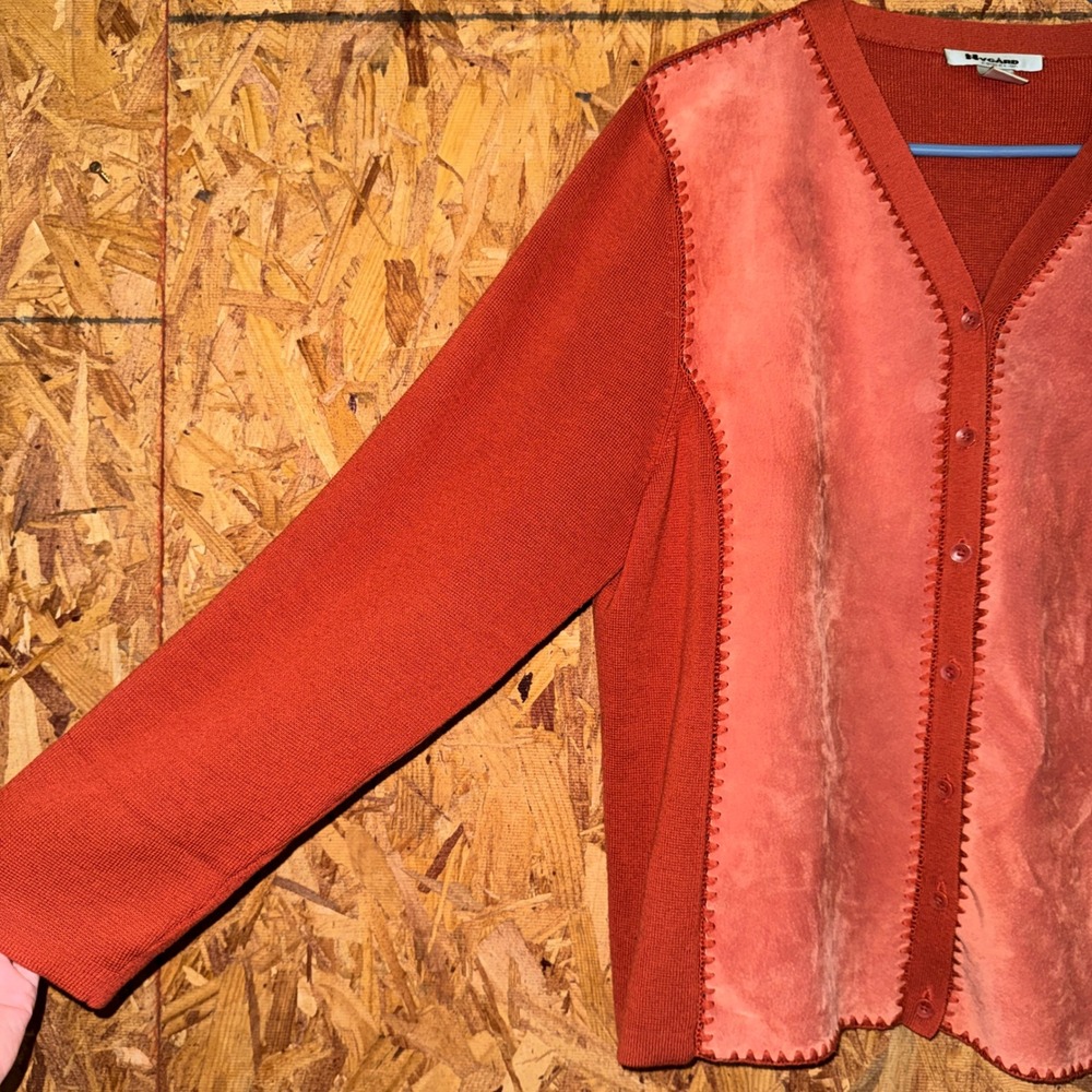 Leather Stitch Panel Cardigan Button Sweater Burnt Orange Modest Layering XL - Picture 2 of 6